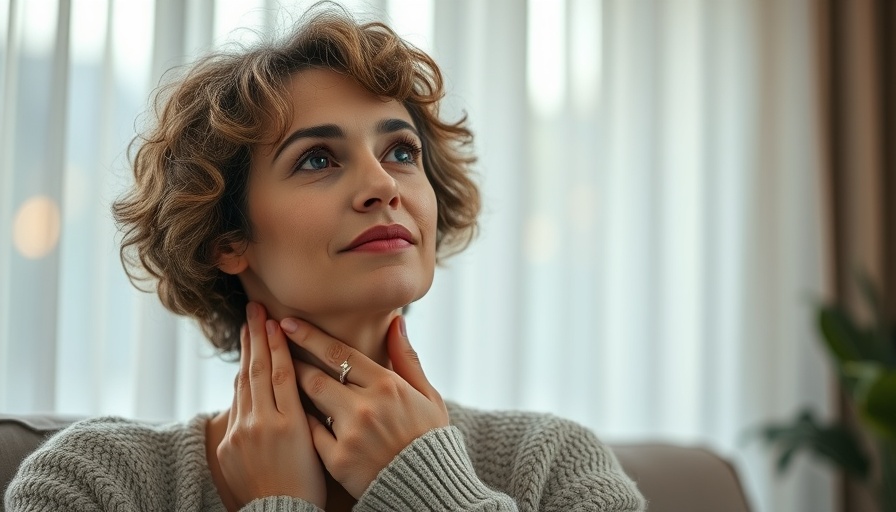 Woman indoors holding neck, illustrating thoughtful concern.