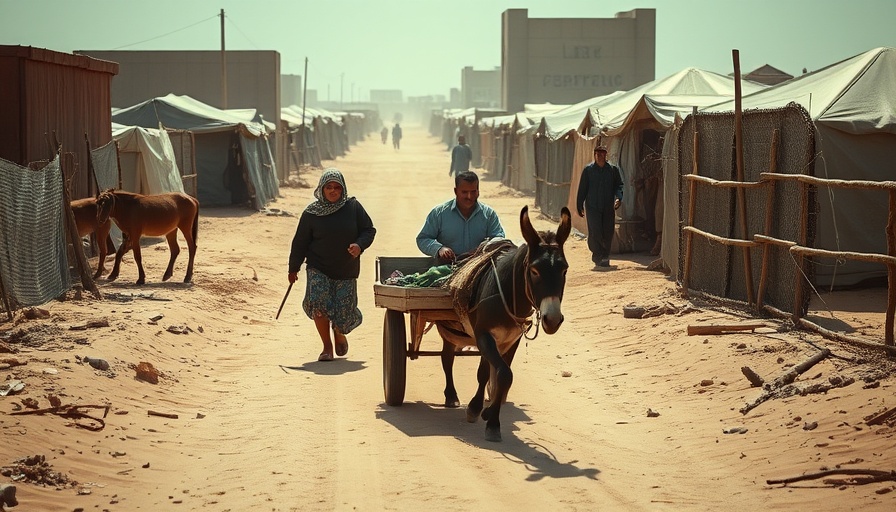 Humanitarian crisis in Gaza: individuals in a refugee camp setting, navigating sandy streets with donkey cart.