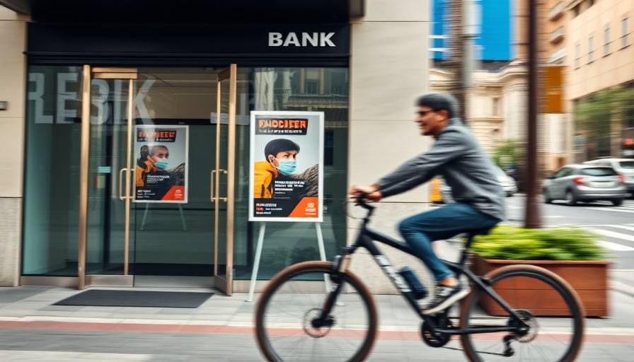 Urban street with bank entrance and blurred cyclist, exit restrictions on foreign nationals