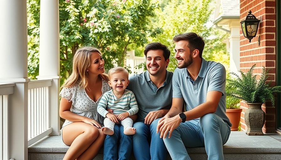 Happy family on porch showing smart home security system benefits.