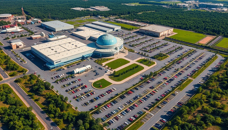 Aerial view of NASA facility with full parking lots and greenery.