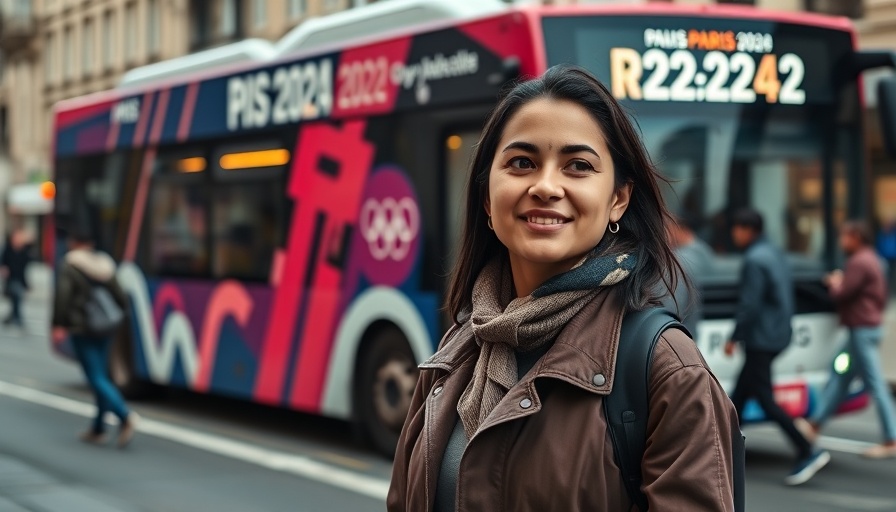 Young woman smiling in front of Paris 2024 bus, urban setting.