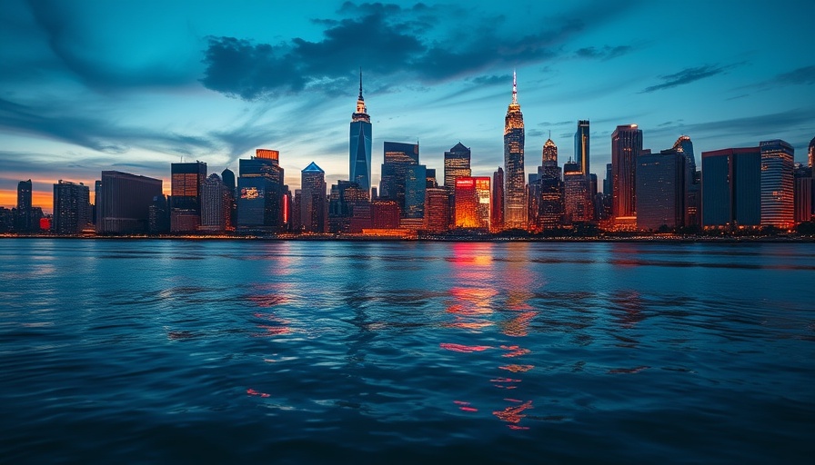 Vibrant city skyline at twilight with reflections on water.