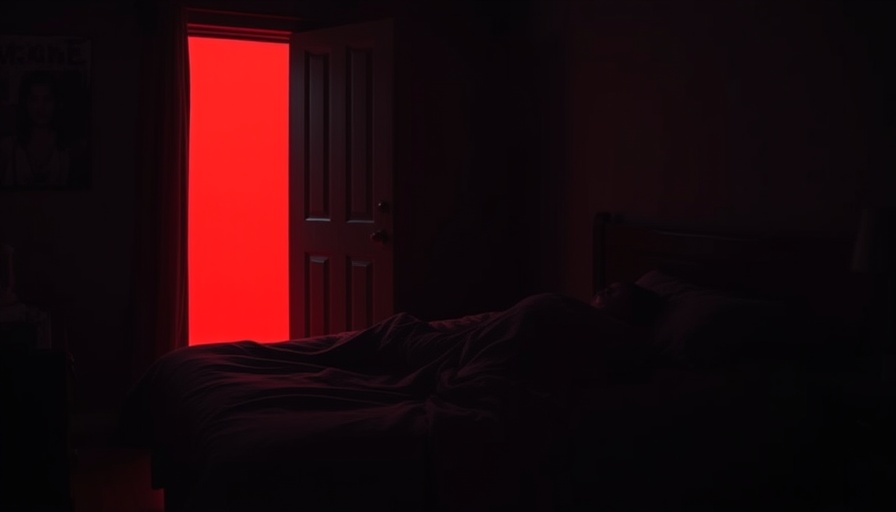 Dimly lit bedroom, red light under door, Cleveland smoke alarm crisis.