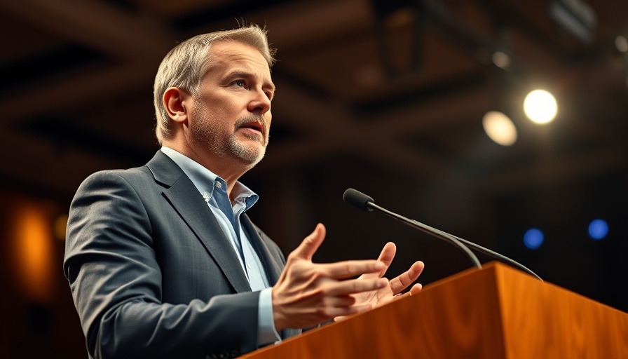 Middle-aged man passionately speaking about AI automating American jobs at event.