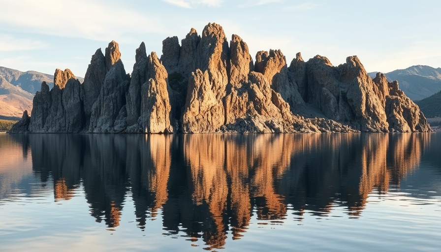 Dramatic rocky formations reflecting in a serene lake.