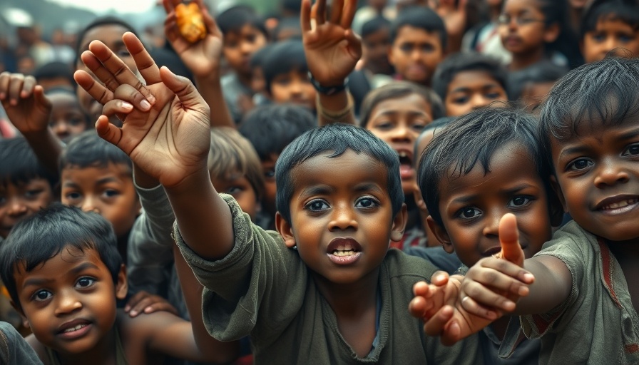 Children in Gaza reaching for food, highlighting malnutrition crisis.