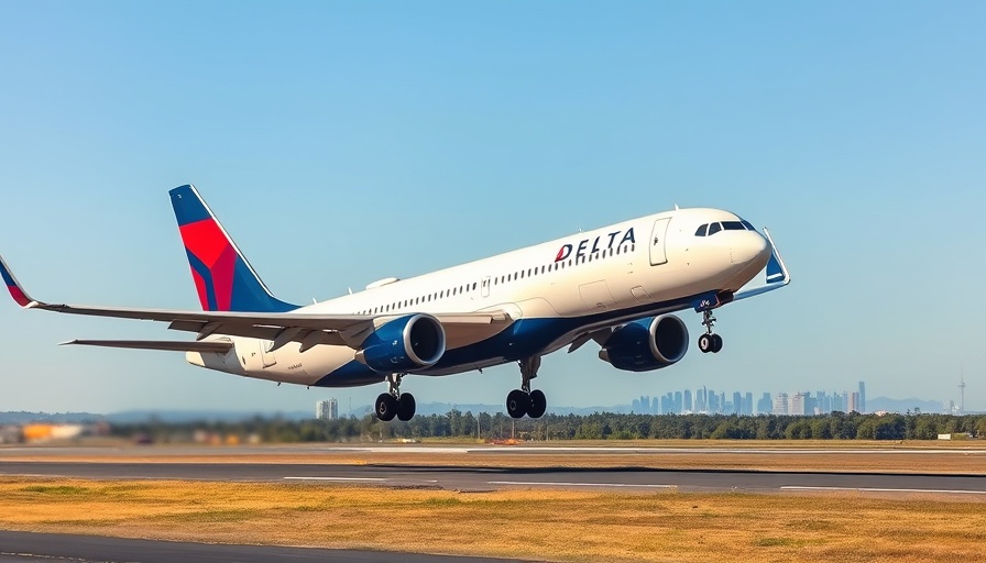 Delta flight landing smoothly on runway amidst city backdrop.