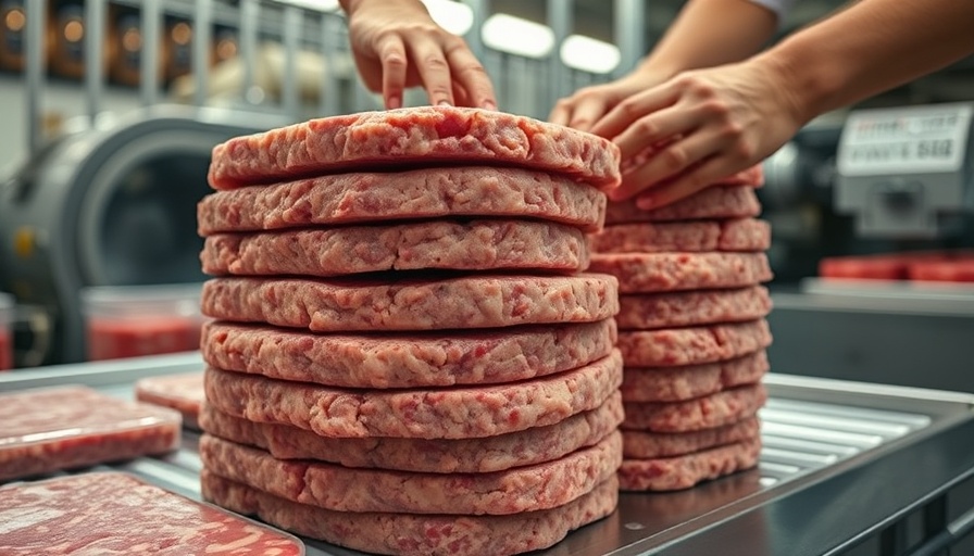 Raw meat patties being processed in a food facility, related to Mediterranean diet Crohn's disease risk.