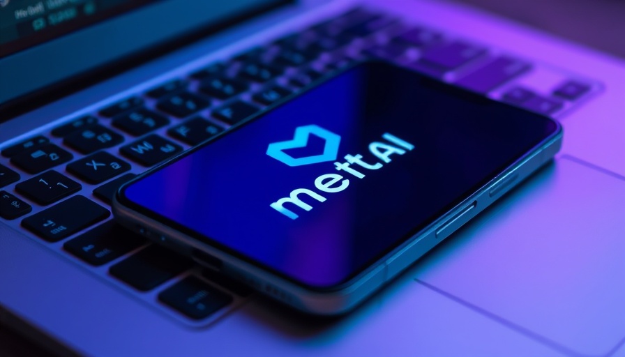 Meta AI logo on smartphone over keyboard, low light.