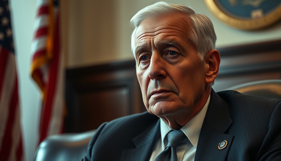 Solemn older man in suit with American flag, official setting.