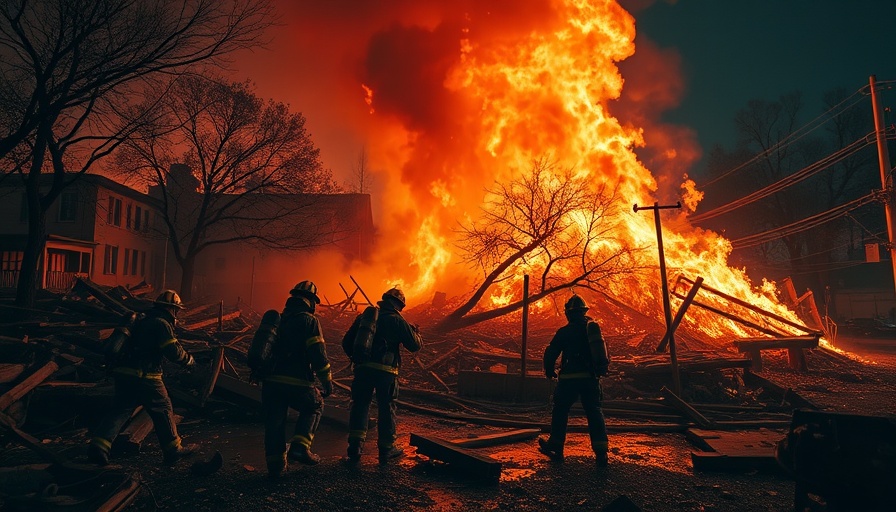 Current world events: Firefighters in a burning urban scene.
