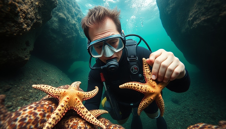 Diver studying sea stars underwater, investigating what killed 5 billion sea stars.
