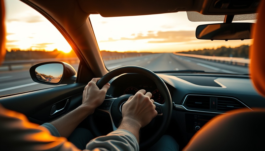 Driver's hands on steering wheel with sunset, highlighting adaptive cruise control safety for modern driving.