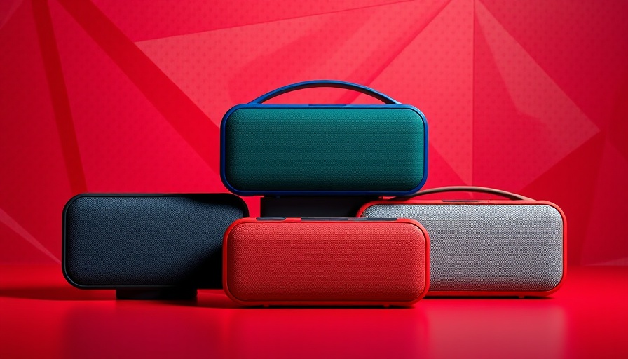 Stylish Bluetooth speakers featured on textured red background for Best Bluetooth Speakers 2025