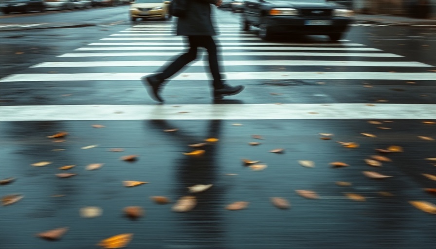 Blurry motion of a pedestrian avoiding a car on a wet crosswalk.