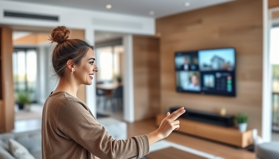 Woman using smart home security in modern living room.