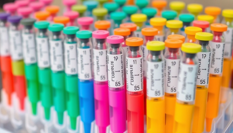 Multicolored injection pens arranged neatly, related to Ozempic and muscle loss.
