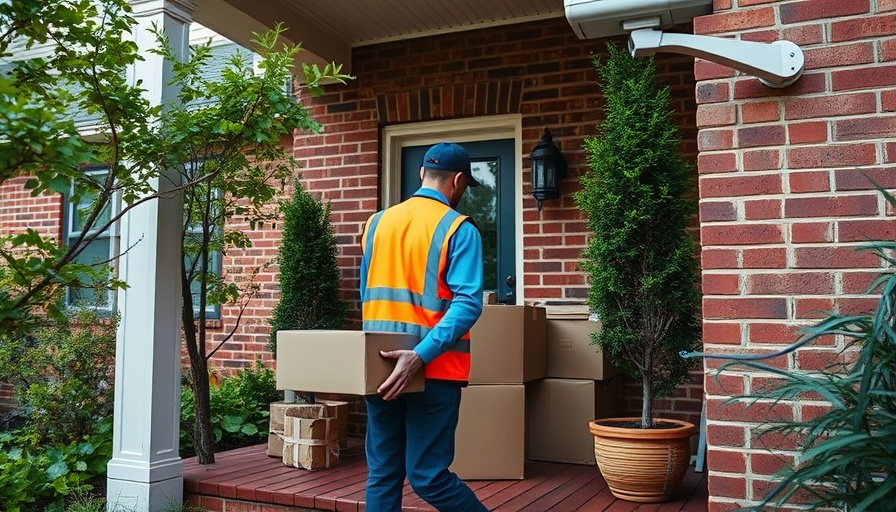 Security camera capturing delivery worker placing packages, home security terms.