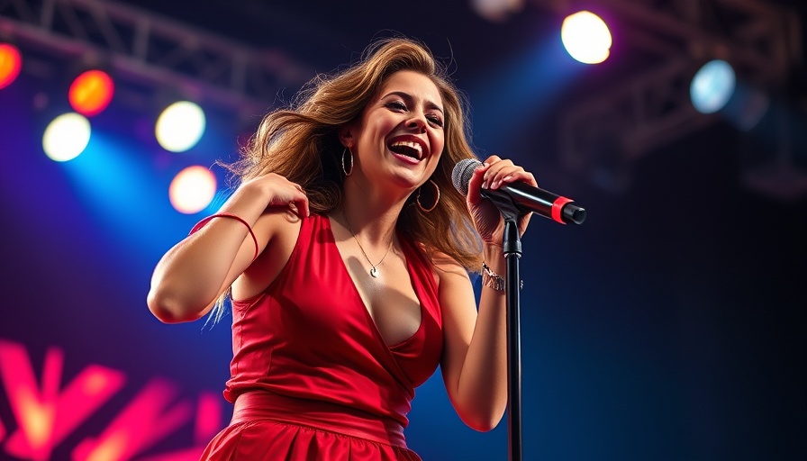 Singer performing energetically on stage in a bright red outfit, Taylor Swift new album.
