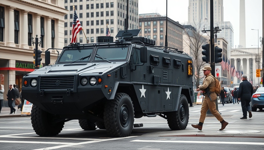 Military vehicle near DC landmark symbolizes long-term federal control.