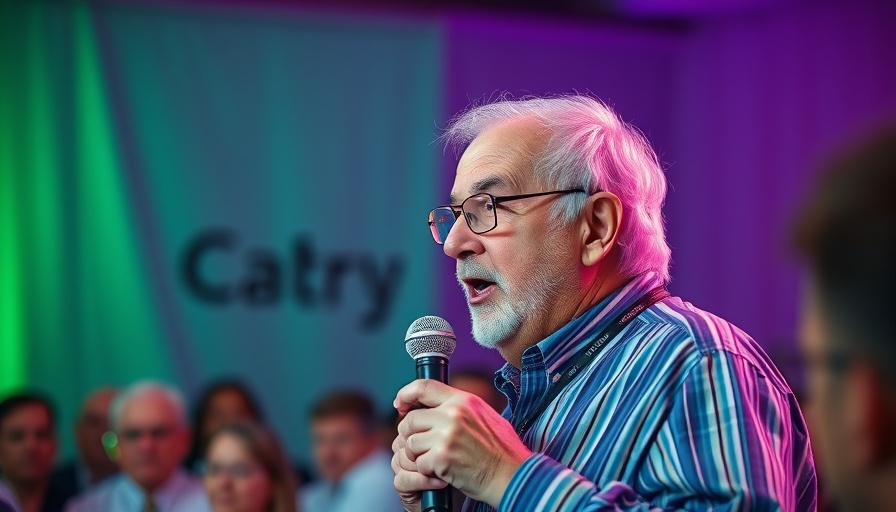 Speaker presenting passionately against a colorful background.