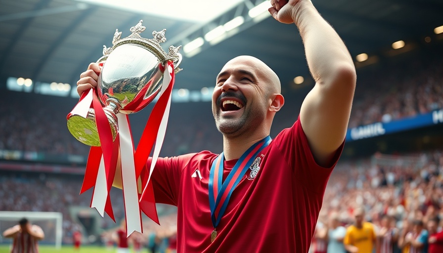 Joyful man holding Premier League trophy, celebrating victory.