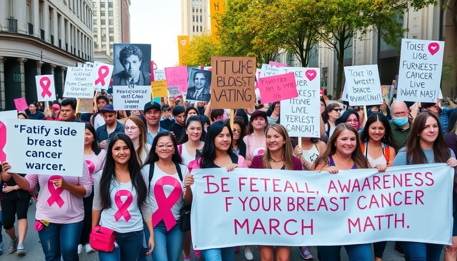 Breast cancer awareness community march with banners and supporters.
