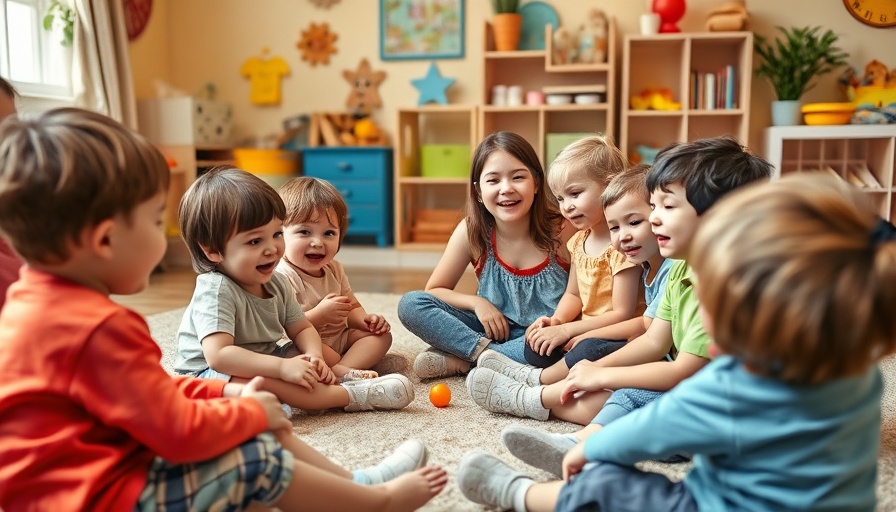 Happy children and caregiver playing in safe in-home daycare environment.