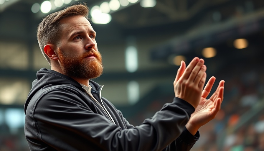 Bearded man clapping thoughtfully at a sports event.