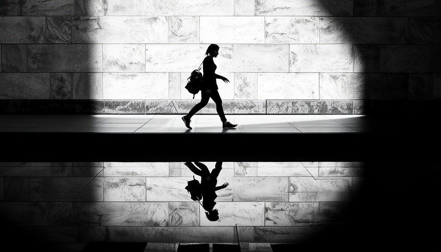 Silhouette reflecting on wet surface, abstract urban scene.