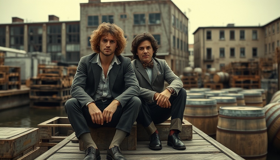 Two men on a dock in 1970s attire discussing, celebrity news today.