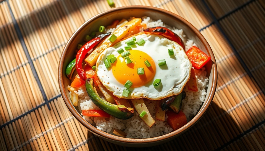 Delicious potassium-rich meal with rice, egg, and vegetables on bamboo mat.