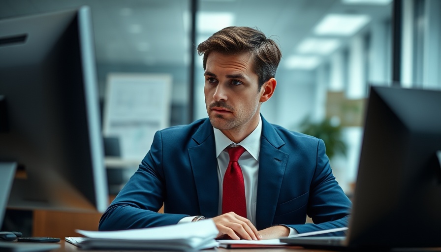 Thoughtful man in blue suit during office meeting on legal matter.