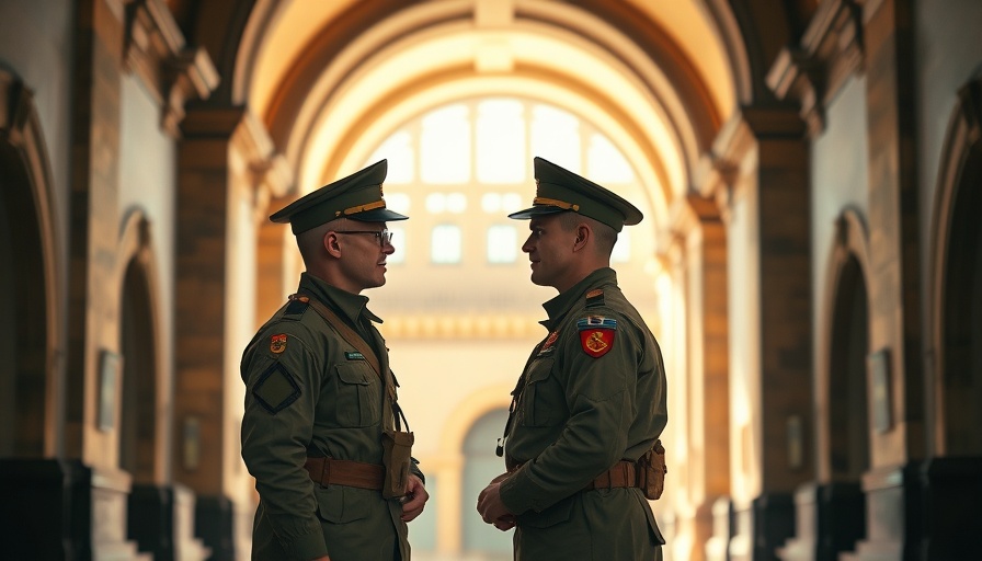 Military personnel conversing in a grand archway, soft lighting