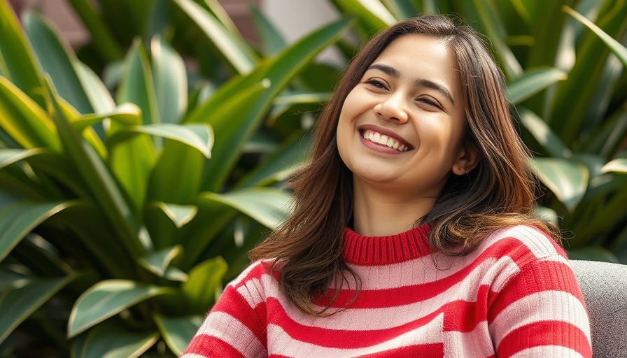 Smiling individual in a pink and red sweater, studio interview setting.