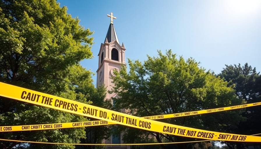 Tall church with caution tape and trees under blue sky.