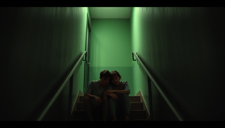 Two people sitting on a dimly lit staircase, representing opioid overdose awareness.