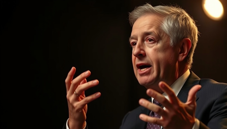 Middle-aged man animatedly speaking on stage, spotlight.