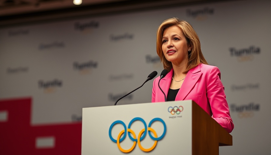 Confident woman addressing audience at sports event, protection of women's sports.