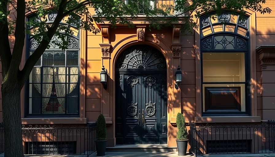 Elegant brownstone facade with security door, lush urban street.