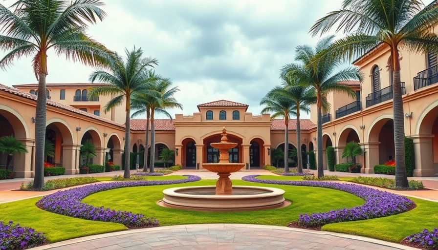 Mediterranean-style entrance with palm trees, ideal for events.