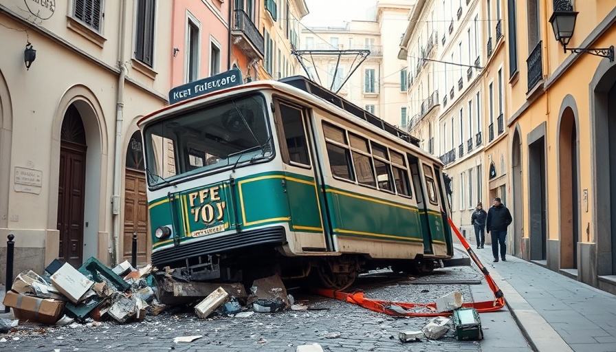 Lisbon funicular crash wreckage on street with debris.