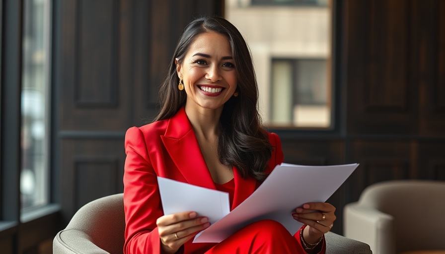 Smiling woman in red suit discussing celebrity news today in an urban setting.