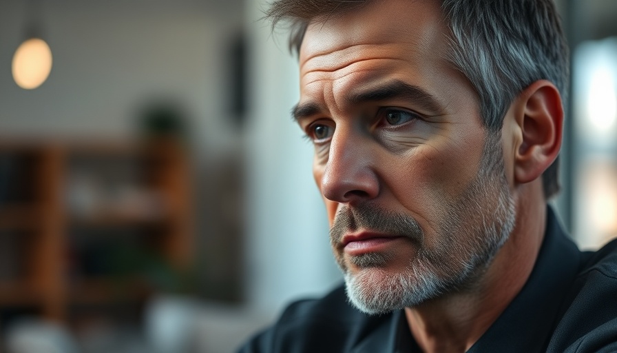 Thoughtful mature man indoors reflecting on Tesla EV market share.