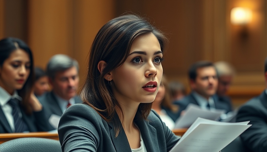 Young woman speaking passionately at a formal meeting, breaking news today.