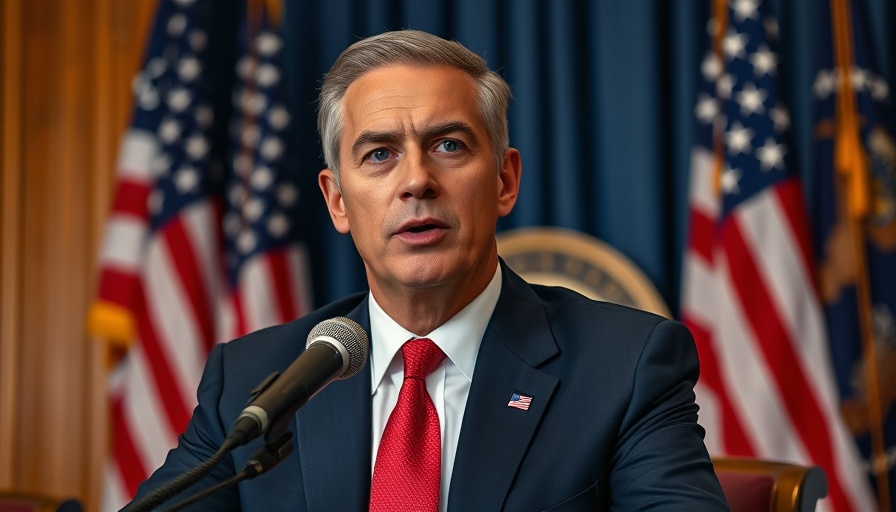 Business news today speaker in suit with USA flags.