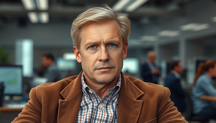 Middle-aged blond man in a busy office.