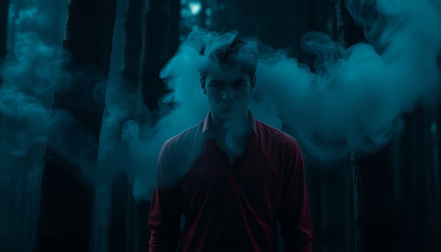 Person with face obscured by smoke in a red shirt, standing against trees.