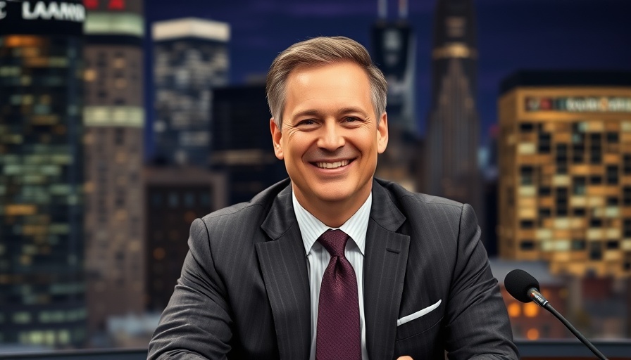 Jimmy Kimmel Live! controversy talk show host at desk with cityscape backdrop.